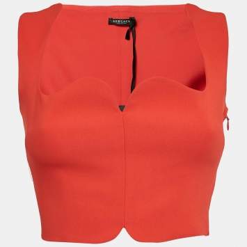 Pre Owned Versace Red Crepe Sweetheart Neck Cady Crop Top XS