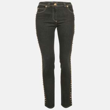 Pre Owned Versace Navy Blue Studded Denim Medusa Button Detail Jeans M Waist 28"