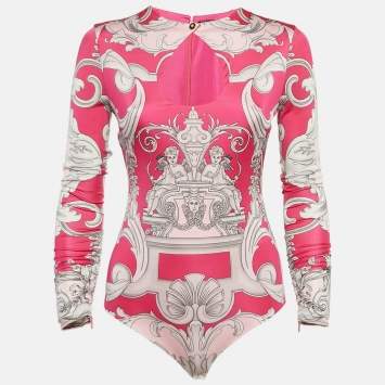 Pre Owned Versace Pink Baroque Print Jersey Keyhole Neck Bodysuit S