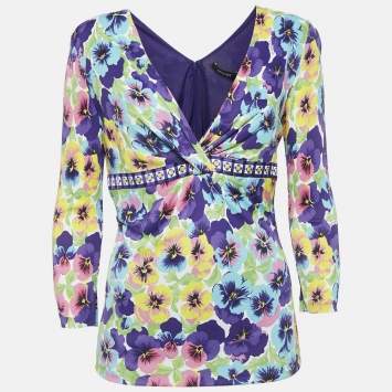 Versace Multicolor Floral Jersey V-Neck Long Sleeve Top L