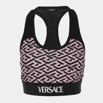 Pre Owned Versace Black/Pink Jersey La Greca Tank Crop Tops L