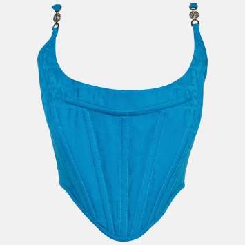 Pre Owned Versace Blue Logo Jacquard Medusa Corset Top M