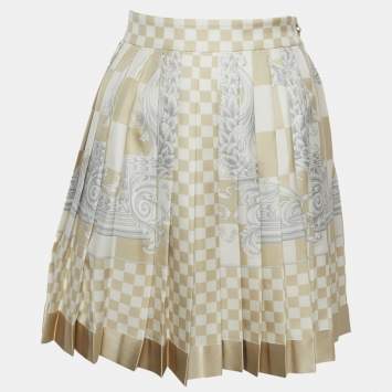 Pre Owned Versace Beige Barocco Checkerboard Silk Mini Skirt M