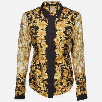 Pre Owned Versace Black/Gold Barocco Print Silk Button-Up Shirt S