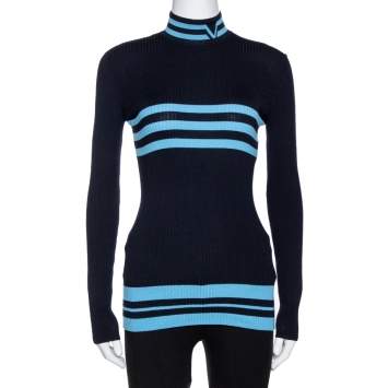 مملوكة مسبقًا Versace Navy Blue Striped Wool Rib Knit Jumper S