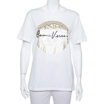 Pre Owned Versace White Medusa Signature Printed Cotton Crewneck T-Shirt M