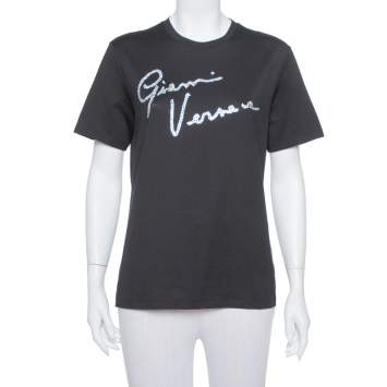مملوكة مسبقًا Versace Black Crystal GV Signature Embellished Cotton Crewneck T-Shirt M