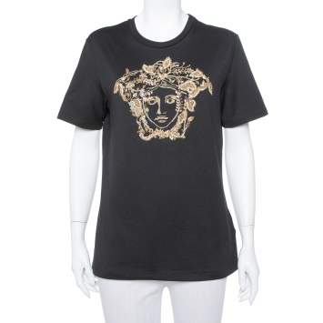 Pre Owned Versace Black Rhinestone Embellished Cotton Crewneck T-Shirt S