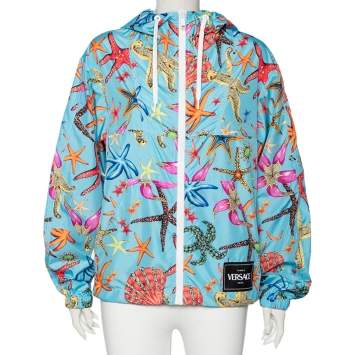 Pre Owned Versace Blue Starfish Printed Synthetic Zip Front Hooded Jacket L