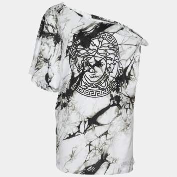 Pre Owned Versace Monochrome Tie-Dye Print Jersey Asymmetric T-Shirt L