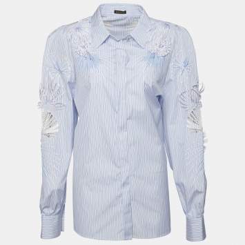 Pre Owned Versace Blue Striped Cotton Floral Applique Button Front Shirt M