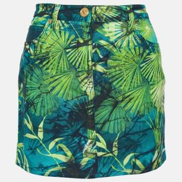 Pre Owned  Versace Green Jungle Print Denim Mini Skirt L