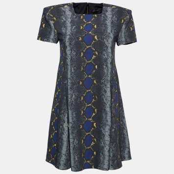Pre Owned Versace Grey Snake Print Crepe Flared Mini Dress L