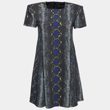 Pre Owned Versace Grey Snakeskin Print Crepe Flared Mini Dress S