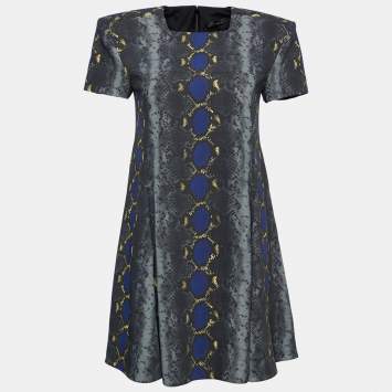 Pre Owned Versace Grey Snake Print Crepe Flared Mini Dress M