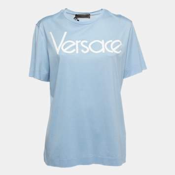 Pre Owned Versace Light Blue Cotton Logo Embroidered Tribute T-Shirt M