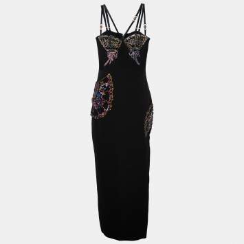 Pre Owned Versace Black Silk Crepe Crystal Embellished Strap Gown M