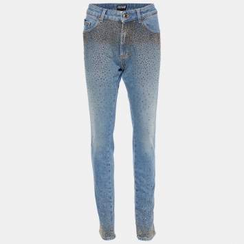 Pre Owned Versace Jeans Couture Blue Rhinestone Embellished Denim Skinny Jeans L