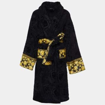 Pre Owned Versace Home Black Logo Terry Cotton Baroque Tie-Waist Bathrobe L