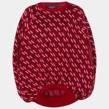 Pre Owned Versace Parade Red La Greca Jacquard Knit Cocoon Sweater M