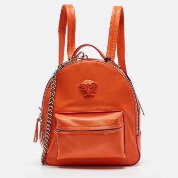 Pre Owned Versace Orange Leather Medusa Backpack