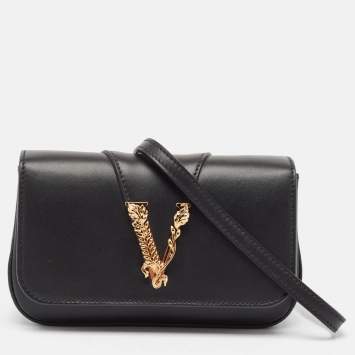 Pre Owned Versace Black Leather Virtus Flap Saddle Bag