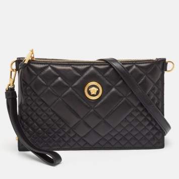 Pre Owned Versace Black Leather Medusa Zip Wristlet Convertible Crossbody Bag