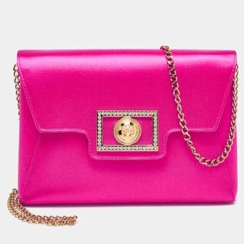 Pre Owned Versace Magenta Satin La Medusa Chain Clutch