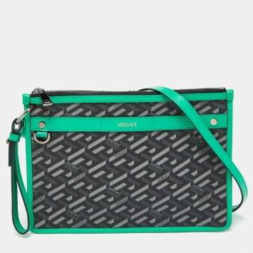 Pre Owned Versace Multicolor Signature Textured Canvas and Leather La Greca Shoulder Bag