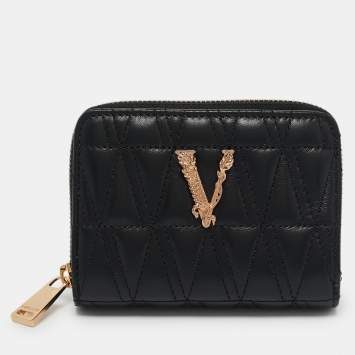 Pre Owned Versace Black Leather Zip Around Compact Wallet