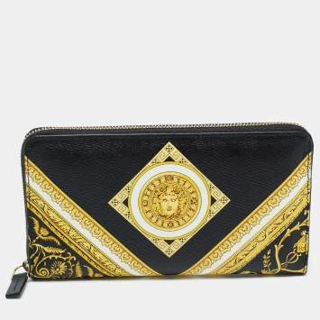 Pre Owned Versace Black Baroque Print Leather La Medusa Zip Around Wallet