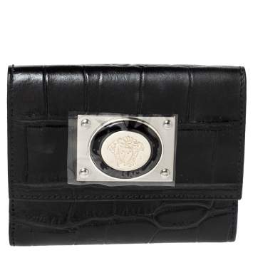 Pre Owned Versace Black Croc Embossed Leather Medusa Flap Compact Wallet