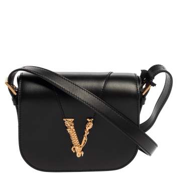 Pre Owned Versace Black Leather Small Virtus Saddle Bag