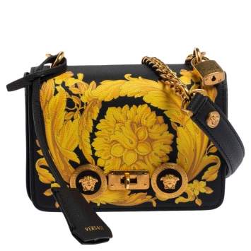 Pre Owned Versace Black/Yellow Baroque Print Leather Icon Shoulder Bag