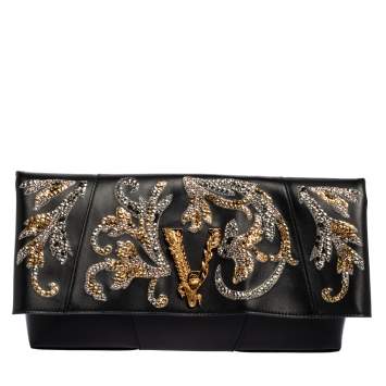Pre Owned Versace Black Leather Virtus Sequin Embellished Fold Over Clutch