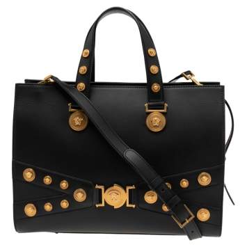 Pre Owned Versace Black Leather Tribute Medussa Studded Tote