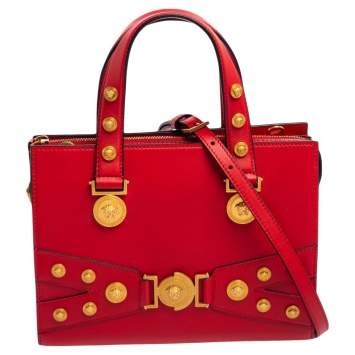 Pre Owned Versace Red Leather Tribute Medusa Studded Zip Tote