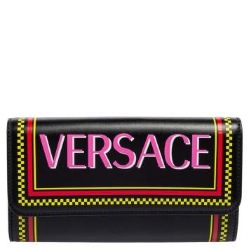 Pre Owned Versace Black Leather Vintage Logo Flap Continental Wallet