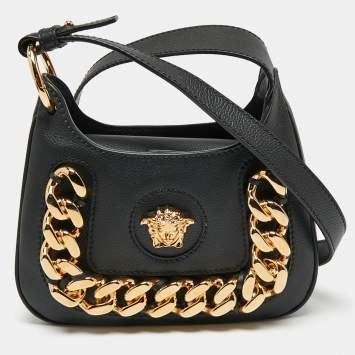 Pre Owned Versace Black Leather La Medusa Crossbody Bag