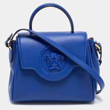 Pre Owned Versace Blue Leather La Medusa Top Handle Bag
