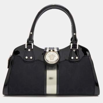 Pre Owned Versace Black Monogram Nylon and Patent Leather Medusa Frame Satchel