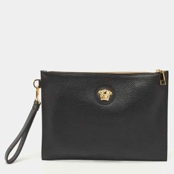 Pre Owned Versace Black Leather Medusa Wristlet Zip Pouch