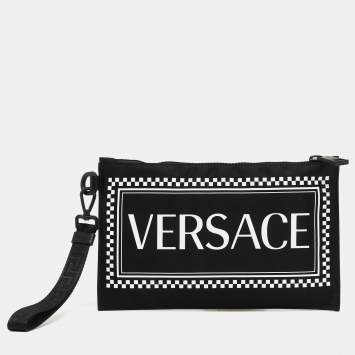 Pre Owned Versace Black/White Nylon Logo Slim Wristlet Pouch
