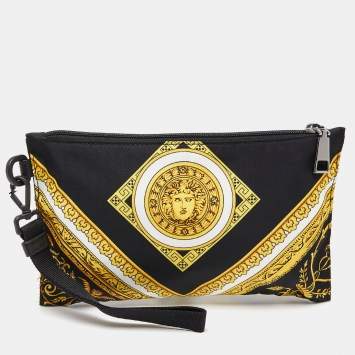 Pre Owned Versace Black/Gold Baroque Medusa Print Nylon Wristlet Pouch