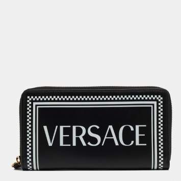 Pre Owned Versace Black Leather Logo Zip Around Continental Wallet