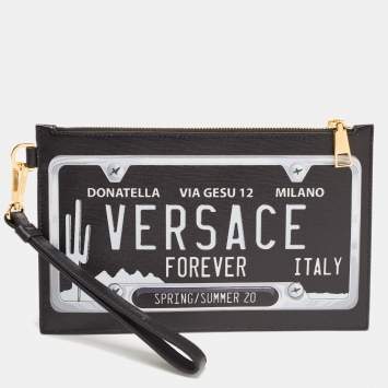 Pre Owned Versace Black Leather Number Plate Wristlet Pouch