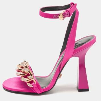 Pre Owned Versace Pink Satin Medusa Chain Ankle Strap Sandals Size 36
