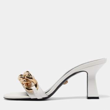 Pre Owned Versace White Leather Medusa Chain Slide Sandals Size 38.5