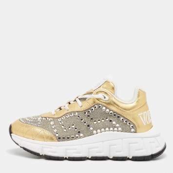 Pre Owned Versace Gold/Silver Leather and Lurex Fabric Trigreca Sneakers Size 36