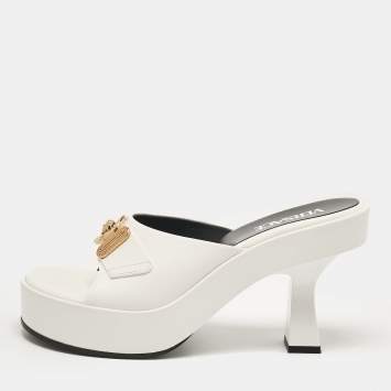 Pre Owned Versace White Leather Medusa Biggie Mules Size 39